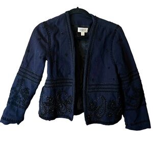 Charcoal Hand Embroidery Navy Black Work Cotton Winter Coat Blazer Jacket Sz L